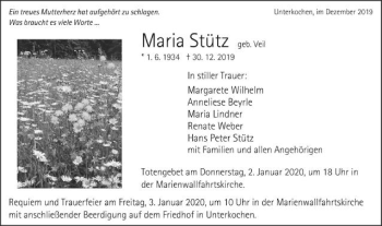 Traueranzeige von Maria Stütz von Schwäbische Post