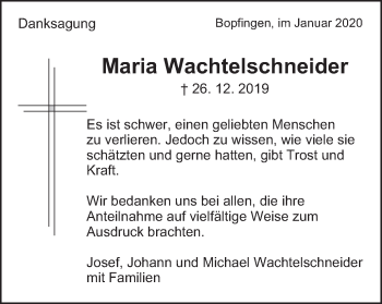 Traueranzeige von Maria Wachtelschneider von Schwäbische Post