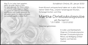Traueranzeige von Martha Christodoulopoulos von Gmünder Tagespost