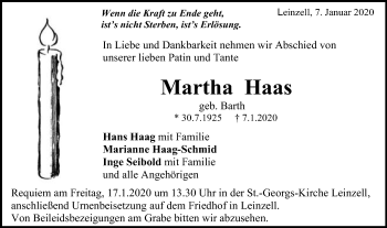 Traueranzeige von Martha Haas von Gmünder Tagespost