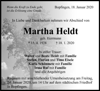 Traueranzeige von Martha Heldt von Schwäbische Post