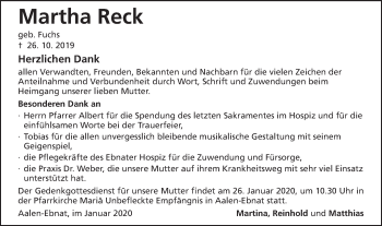Traueranzeige von Martha Reck von Schwäbische Post