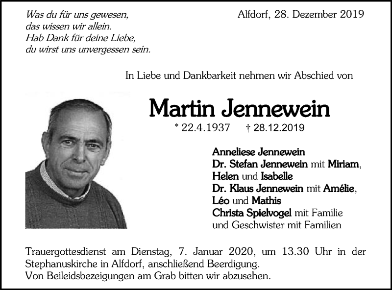  Traueranzeige für Martin Jennewein vom 02.01.2020 aus Gmünder Tagespost