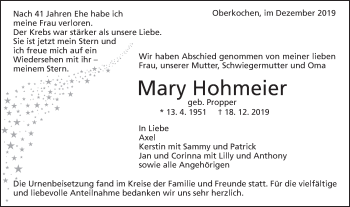 Traueranzeige von Mary Hohmeier von Schwäbische Post