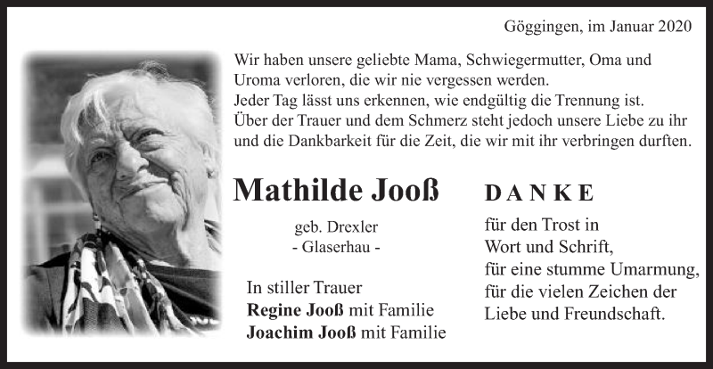  Traueranzeige für Mathilde Jooß vom 18.01.2020 aus Gmünder Tagespost