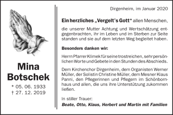 Traueranzeige von Mina Botschek von Schwäbische Post
