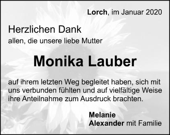Traueranzeige von Monika Lauber von Gmünder Tagespost