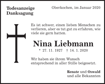 Traueranzeige von Nina Liebmann von Amtsblatt_Oko