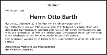 Traueranzeige von Otto Barth von Schwäbische Post