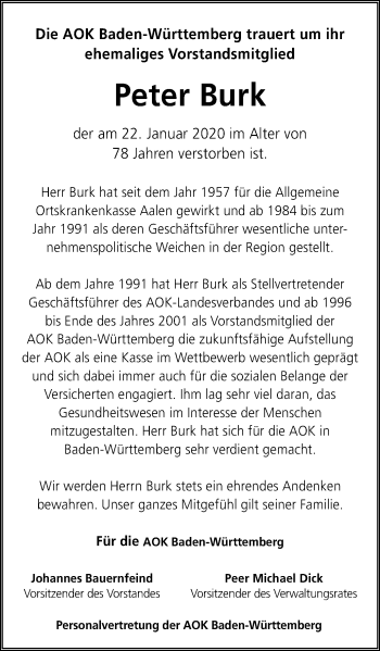 Traueranzeige von Peter Burk von Schwäbische Post