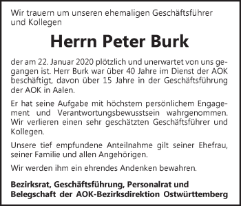 Traueranzeige von Peter Burk von Schwäbische Post