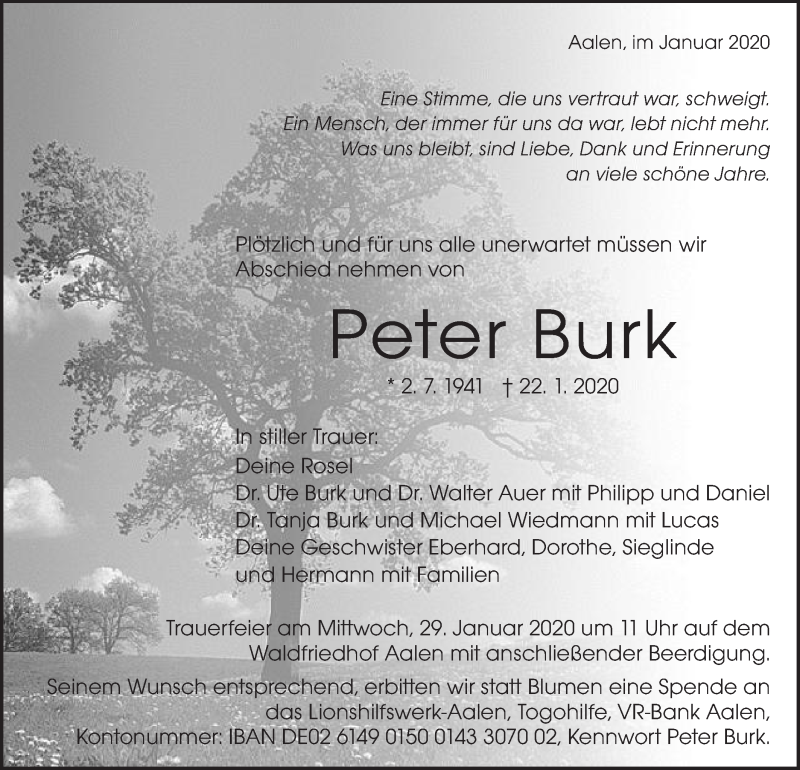  Traueranzeige für Peter Burk vom 27.01.2020 aus Schwäbische Post