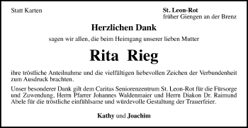 Traueranzeige von Rita Rieg