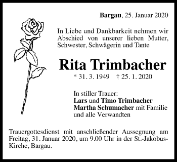 Traueranzeige von Rita Trimbacher von Gmünder Tagespost