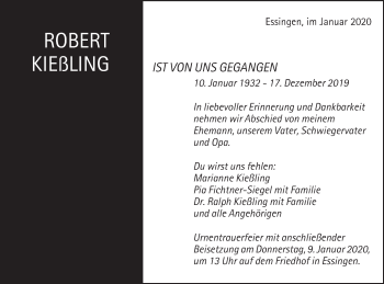 Traueranzeige von Robert Kießling von Schwäbische Post