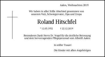 Traueranzeige von Roland Hitschfel von Schwäbische Post