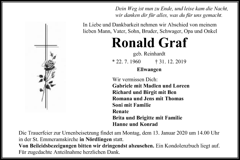  Traueranzeige für Ronald Graf vom 09.01.2020 aus Schwäbische Post