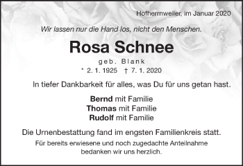 Traueranzeige von Rosa Schnee von Schwäbische Post