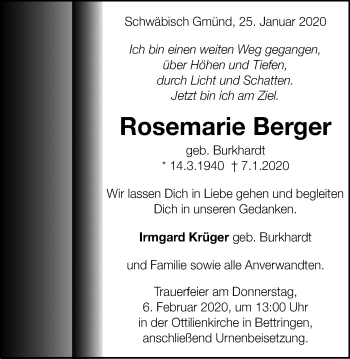 Traueranzeige von Rosemarie Berger von Gmünder Tagespost