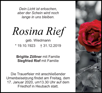 Traueranzeige von Rosina Rief von Schwäbische Post