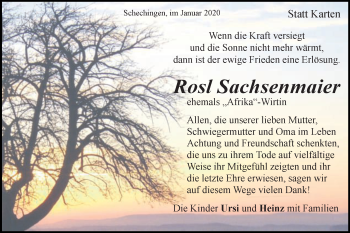 Traueranzeige von Rosl Sachsenmaier von Gmünder Tagespost