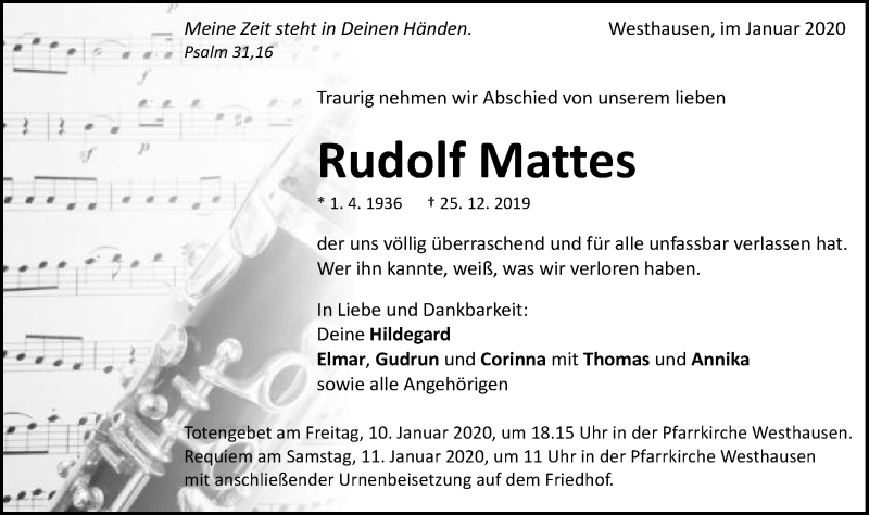  Traueranzeige für Rudolf Mattes vom 07.01.2020 aus Schwäbische Post