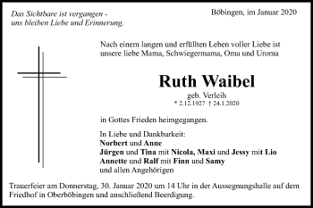 Traueranzeige von Ruth Waibel  von Gmünder Tagespost