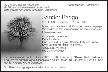 Traueranzeige von Sandor Bango von Schwäbische Post