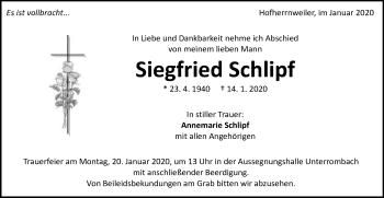 Traueranzeige von Siegfried Schlipf von Schwäbische Post