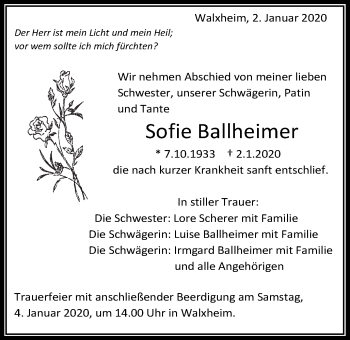 Traueranzeige von Sofie Ballheimer von Schwäbische Post