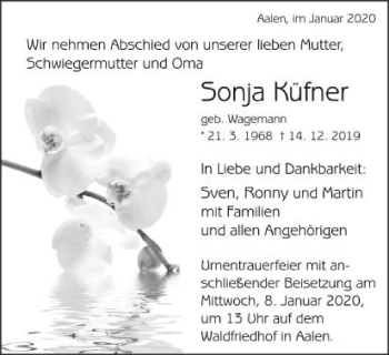 Traueranzeige von Sonja Küfner von Schwäbische Post