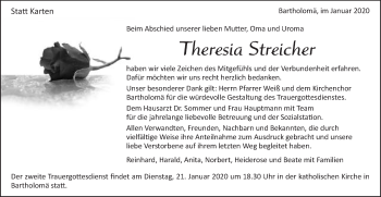 Traueranzeige von Theresia Streicher von Gmünder Tagespost