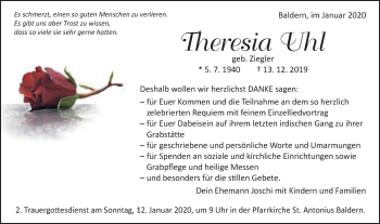 Traueranzeige von Theresia Uhl von Schwäbische Post