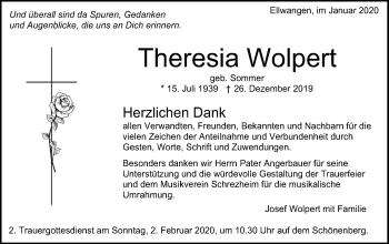 Traueranzeige von Theresia Wolpert von Schwäbische Post