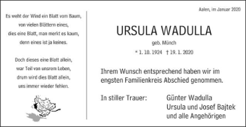 Traueranzeige von Ursula Wadulla von Schwäbische Post