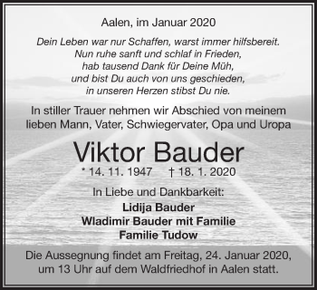 Traueranzeige von Viktor Bauder von Schwäbische Post