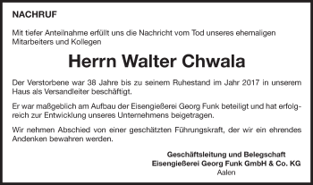 Traueranzeige von Walter Chwala von Schwäbische Post