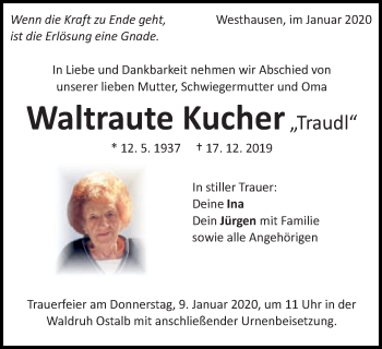Traueranzeige von Waltraute Kucher von Schwäbische Post