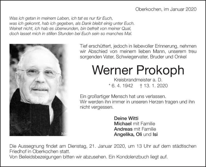  Traueranzeige für Werner Prokoph vom 17.01.2020 aus Schwäbische Post