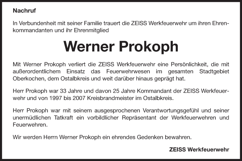  Traueranzeige für Werner Prokoph vom 17.01.2020 aus Schwäbische Post