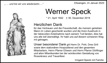 Traueranzeige von Werner Speck von Schwäbische Post