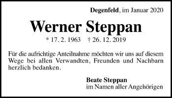 Traueranzeige von Werner Steppan von Gmünder Tagespost
