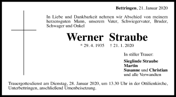 Traueranzeige von Werner Straube von Gmünder Tagespost