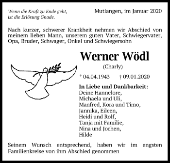 Traueranzeige von Werner Wödl von Gmünder Tagespost