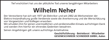 Traueranzeige von Wilhelm Neher von Schwäbische Post