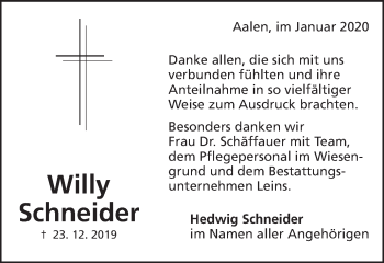 Traueranzeige von Willy Schneider von Schwäbische Post