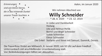 Traueranzeige von Willy Schneider von Schwäbische Post