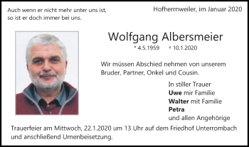 Traueranzeige von Wolfgang Albersmeier von Schwäbische Post