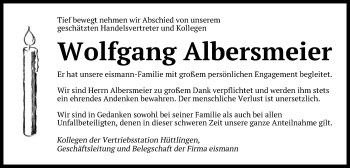 Traueranzeige von Wolfgang Albersmeier von Schwäbische Post