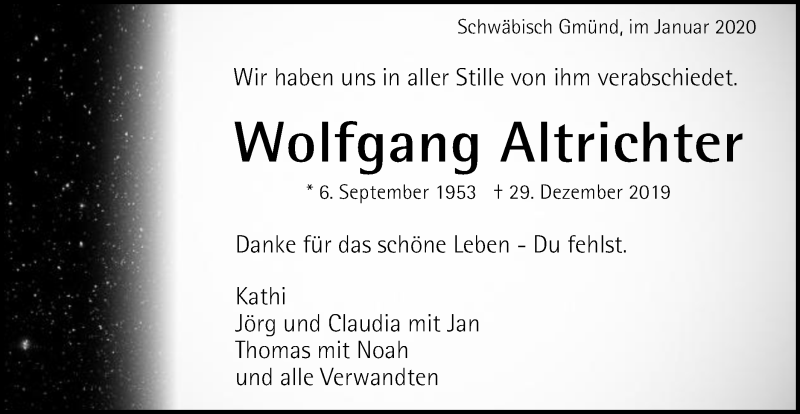  Traueranzeige für Wolfgang Altrichter vom 10.01.2020 aus Gmünder Tagespost
